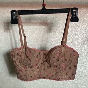 Aerie Brown and Pink Balconette Bra with Floral Embroidery